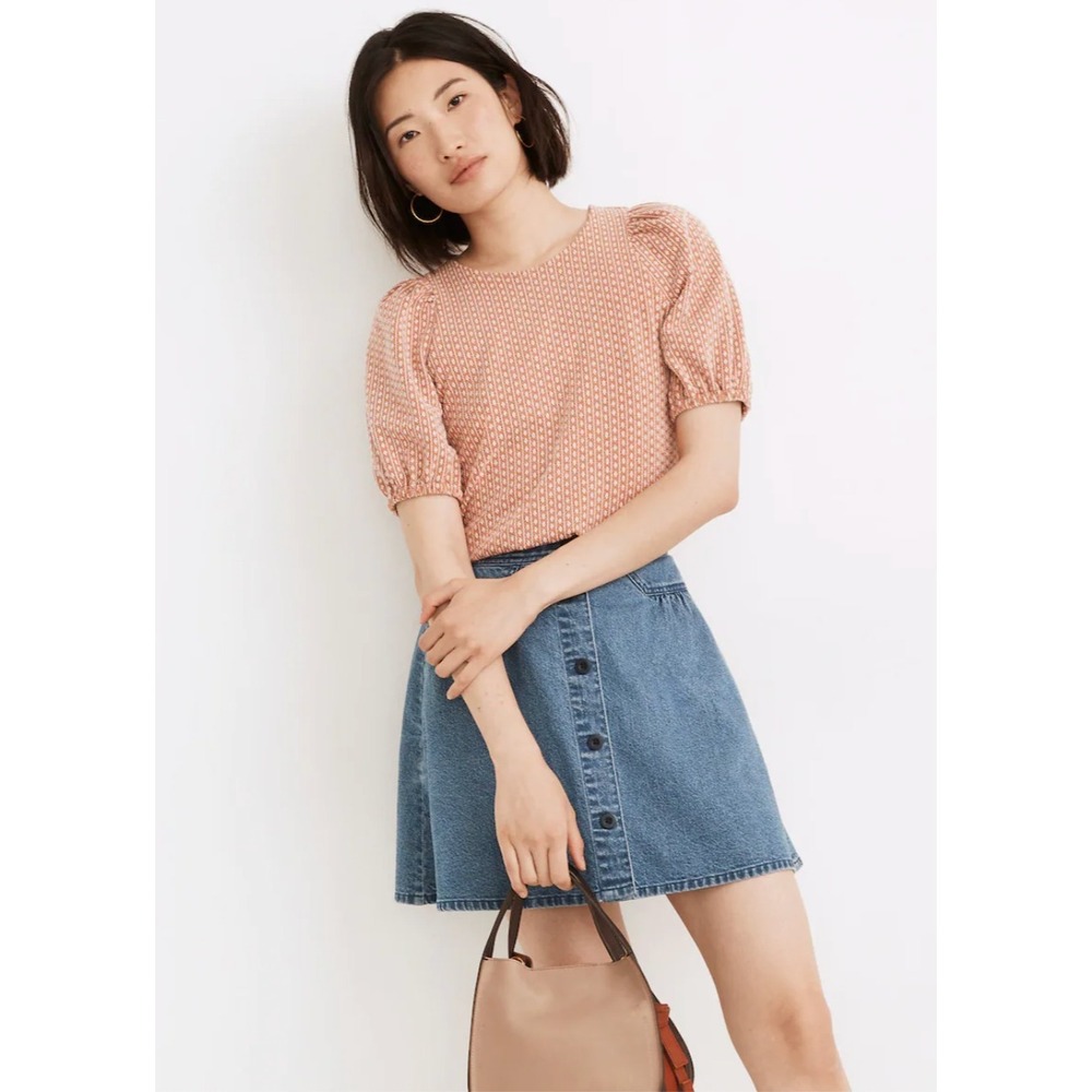 Floral Jacquard Puff-Sleeve Tee Small Rust White Ditsy Geometric Cottagecore